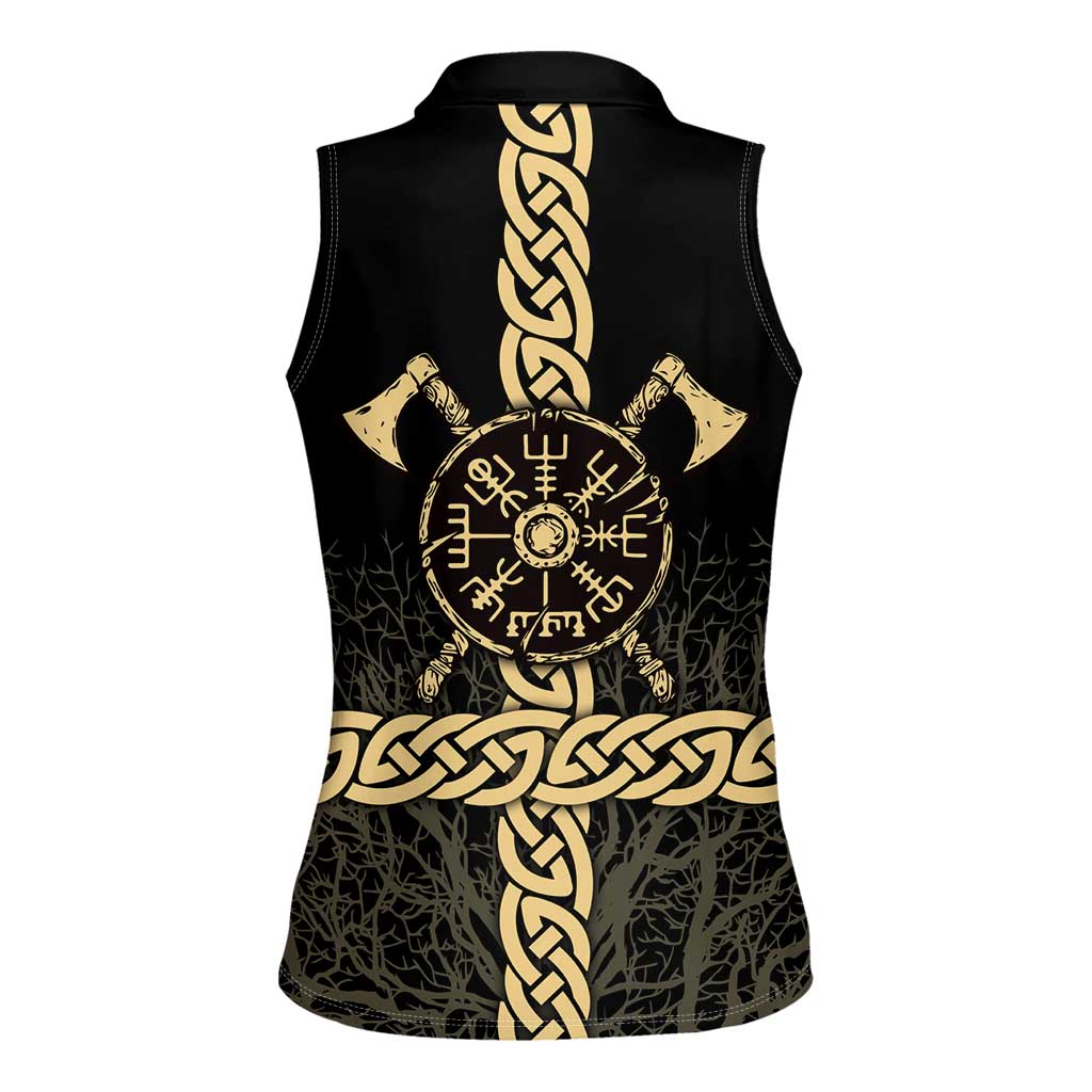 Vegvisir Compass Viking Women Sleeveless Polo Shirt with Yggdrasil Tree and Axe Symbols Norse Mythology Tribute - Wonder Print Shop