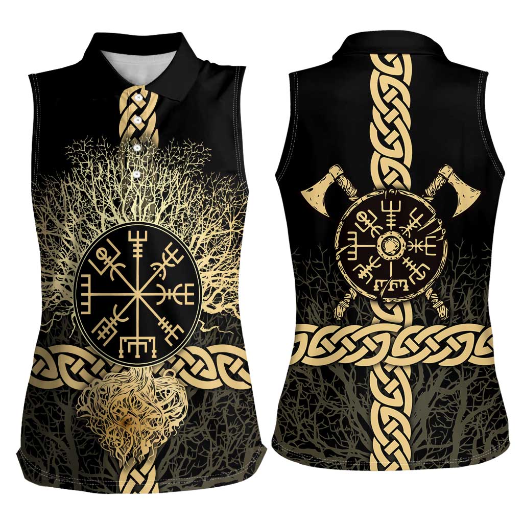 Vegvisir Compass Viking Women Sleeveless Polo Shirt with Yggdrasil Tree and Axe Symbols Norse Mythology Tribute - Wonder Print Shop