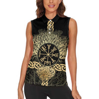 Vegvisir Compass Viking Women Sleeveless Polo Shirt with Yggdrasil Tree and Axe Symbols Norse Mythology Tribute - Wonder Print Shop