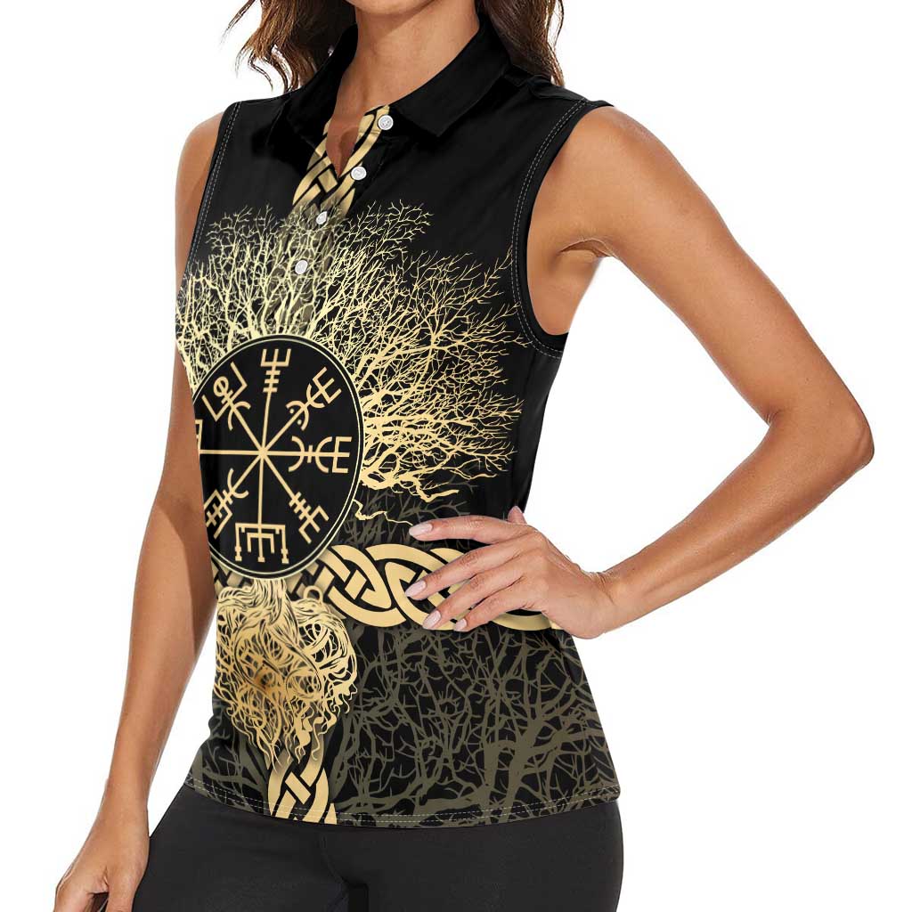 Vegvisir Compass Viking Women Sleeveless Polo Shirt with Yggdrasil Tree and Axe Symbols Norse Mythology Tribute - Wonder Print Shop