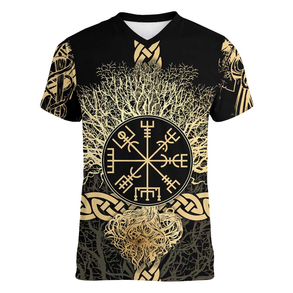 Vegvisir Compass Viking Women V-Neck T-Shirt with Yggdrasil Tree and Axe Symbols Norse Mythology Tribute - Wonder Print Shop