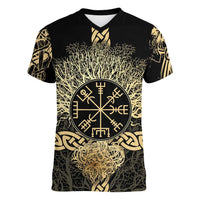 Vegvisir Compass Viking Women V-Neck T-Shirt with Yggdrasil Tree and Axe Symbols Norse Mythology Tribute - Wonder Print Shop