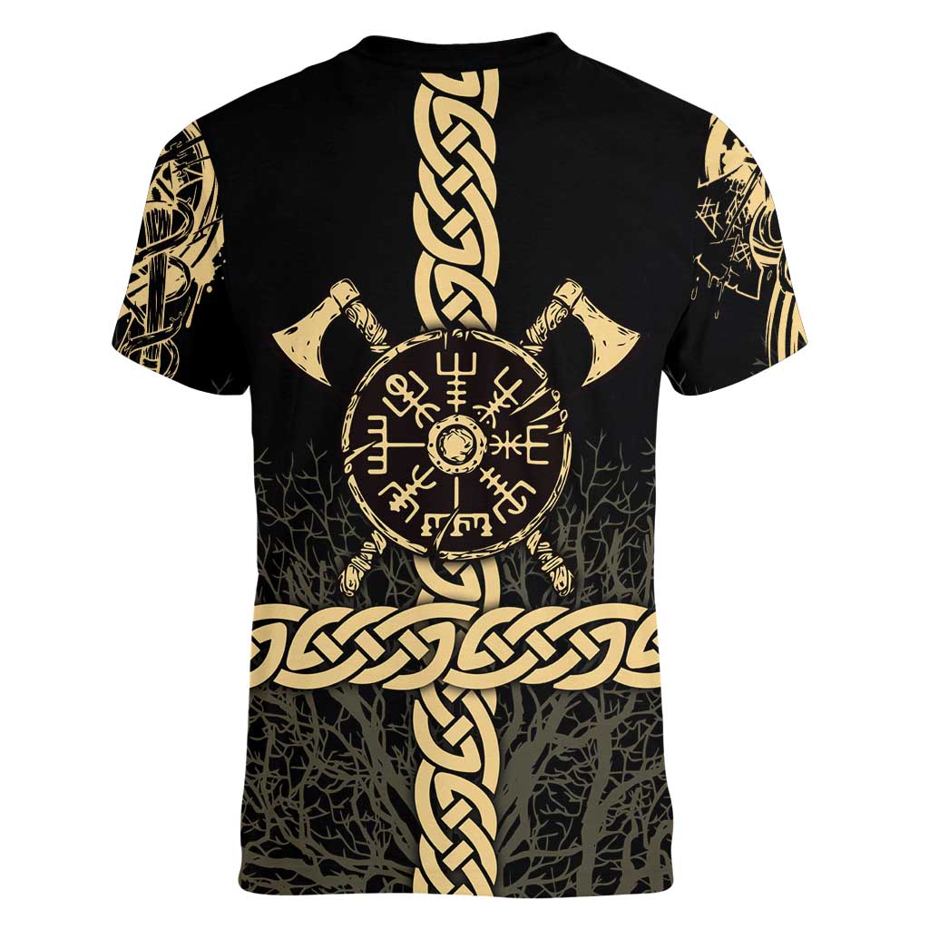 Vegvisir Compass Viking Women V-Neck T-Shirt with Yggdrasil Tree and Axe Symbols Norse Mythology Tribute - Wonder Print Shop