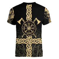 Vegvisir Compass Viking Women V-Neck T-Shirt with Yggdrasil Tree and Axe Symbols Norse Mythology Tribute - Wonder Print Shop