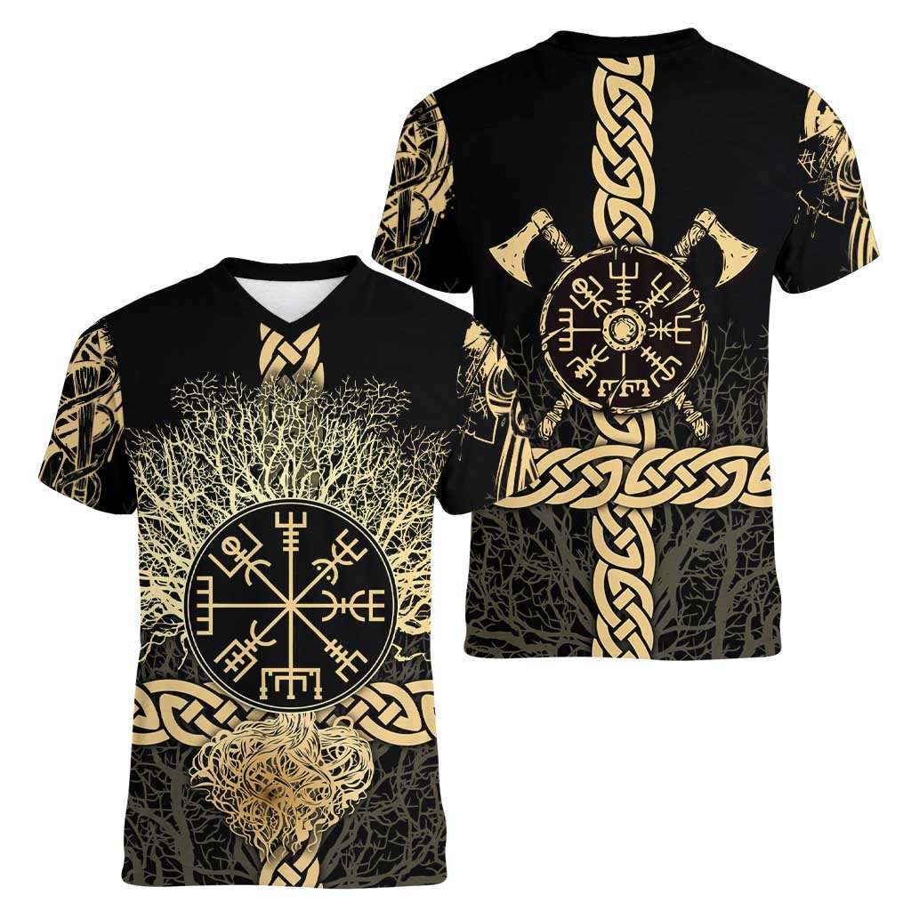 Vegvisir Compass Viking Women V-Neck T-Shirt with Yggdrasil Tree and Axe Symbols Norse Mythology Tribute - Wonder Print Shop