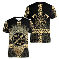 Vegvisir Compass Viking Women V-Neck T-Shirt with Yggdrasil Tree and Axe Symbols Norse Mythology Tribute - Wonder Print Shop