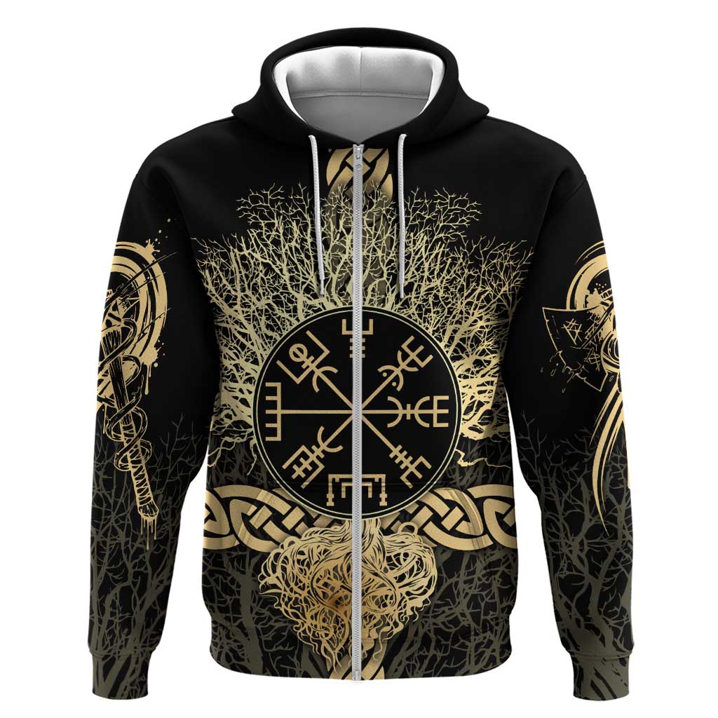 Vegvisir Compass Viking Zip Hoodie with Yggdrasil Tree and Axe Symbols Norse Mythology Tribute - Wonder Print Shop