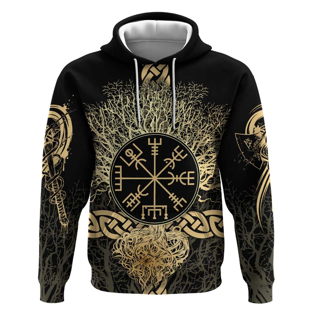 Vegvisir Compass Viking Zip Hoodie with Yggdrasil Tree and Axe Symbols Norse Mythology Tribute - Wonder Print Shop