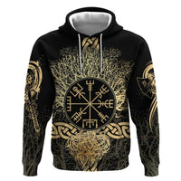 Vegvisir Compass Viking Zip Hoodie with Yggdrasil Tree and Axe Symbols Norse Mythology Tribute - Wonder Print Shop