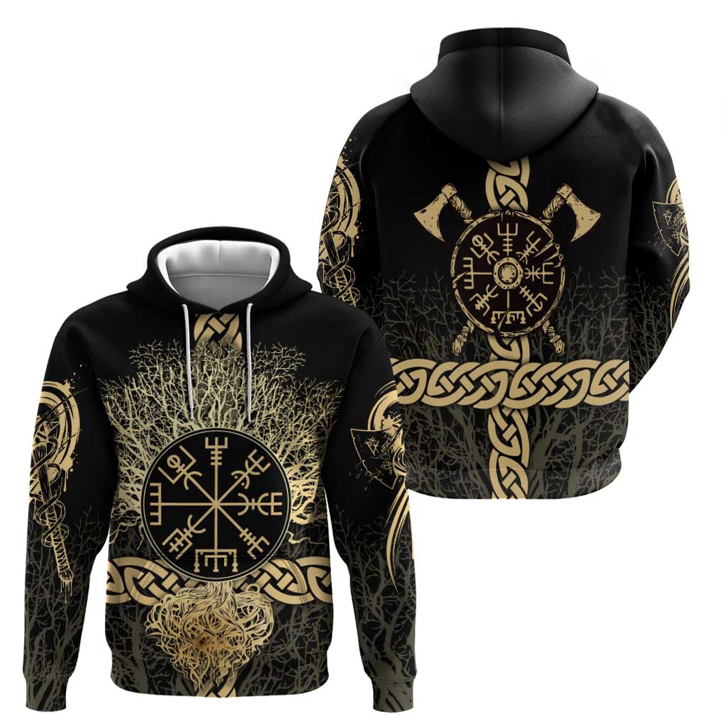 Vegvisir Compass Viking Zip Hoodie with Yggdrasil Tree and Axe Symbols Norse Mythology Tribute - Wonder Print Shop