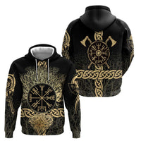 Vegvisir Compass Viking Zip Hoodie with Yggdrasil Tree and Axe Symbols Norse Mythology Tribute - Wonder Print Shop