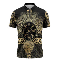 Vegvisir Compass Viking Zipper Polo Shirt with Yggdrasil Tree and Axe Symbols Norse Mythology Tribute - Wonder Print Shop
