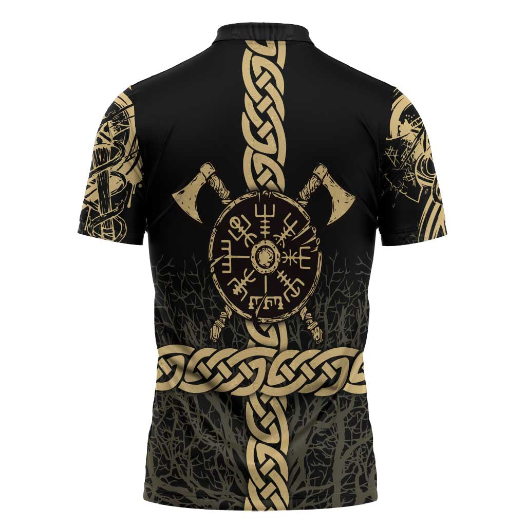 Vegvisir Compass Viking Zipper Polo Shirt with Yggdrasil Tree and Axe Symbols Norse Mythology Tribute - Wonder Print Shop