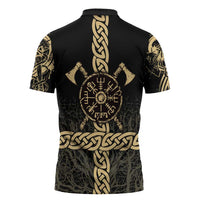 Vegvisir Compass Viking Zipper Polo Shirt with Yggdrasil Tree and Axe Symbols Norse Mythology Tribute - Wonder Print Shop