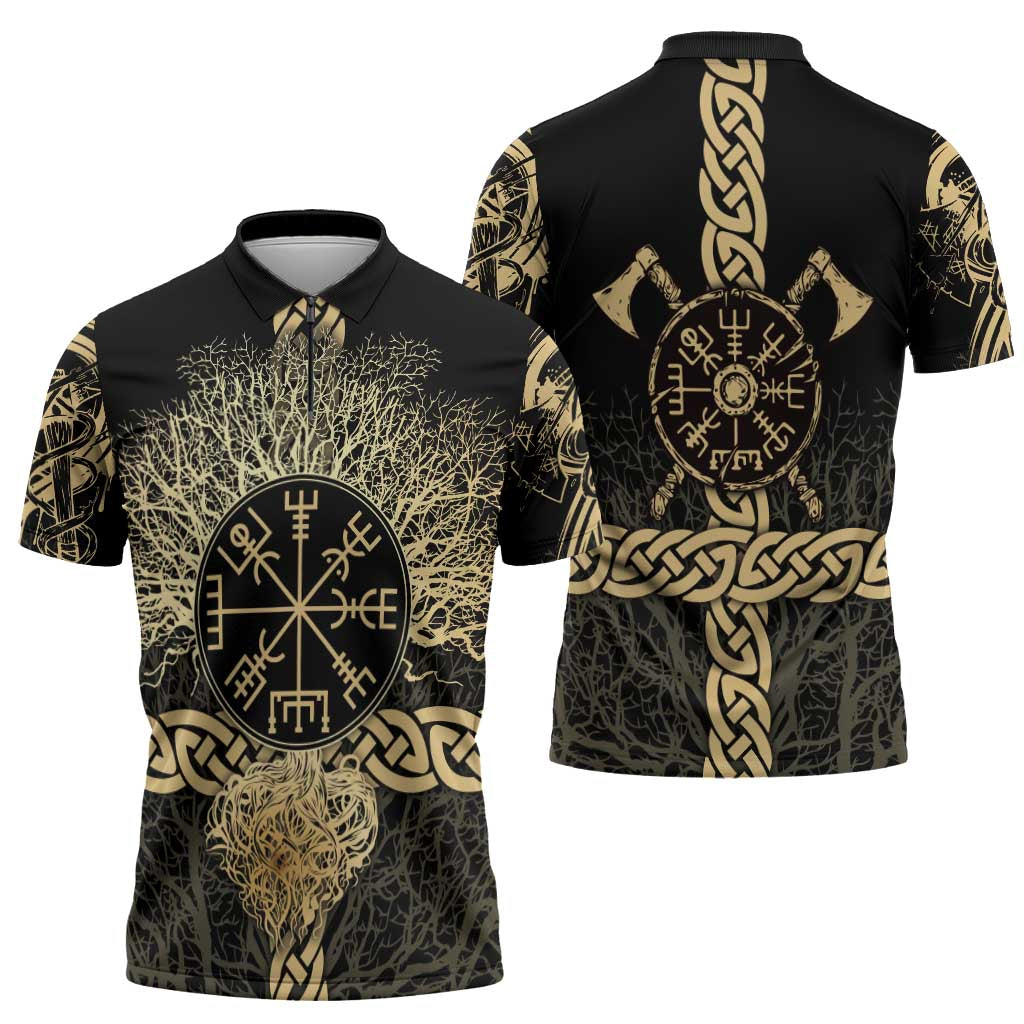 Vegvisir Compass Viking Zipper Polo Shirt with Yggdrasil Tree and Axe Symbols Norse Mythology Tribute - Wonder Print Shop