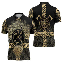 Vegvisir Compass Viking Zipper Polo Shirt with Yggdrasil Tree and Axe Symbols Norse Mythology Tribute - Wonder Print Shop
