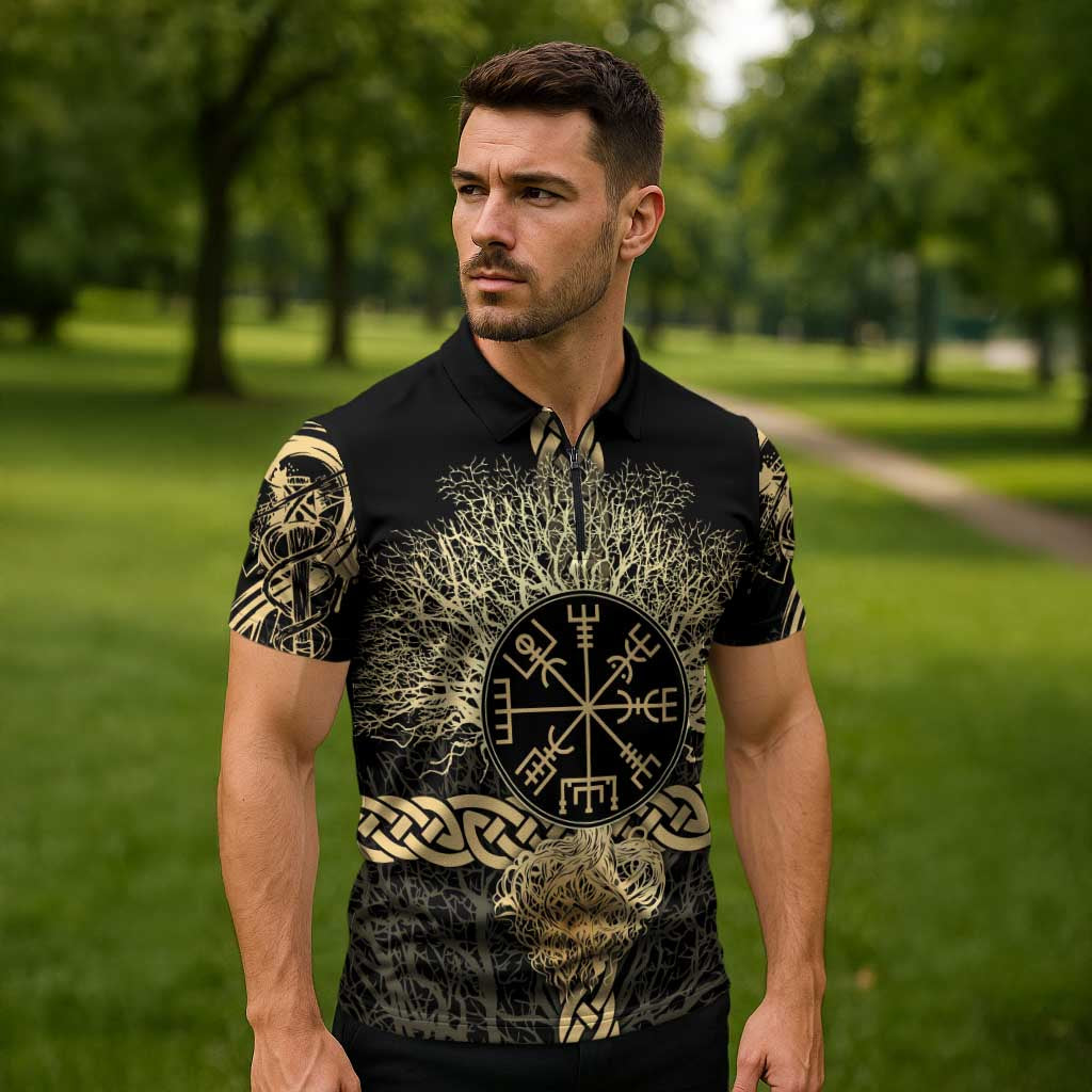 Vegvisir Compass Viking Zipper Polo Shirt with Yggdrasil Tree and Axe Symbols Norse Mythology Tribute - Wonder Print Shop