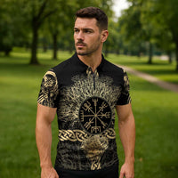 Vegvisir Compass Viking Zipper Polo Shirt with Yggdrasil Tree and Axe Symbols Norse Mythology Tribute - Wonder Print Shop