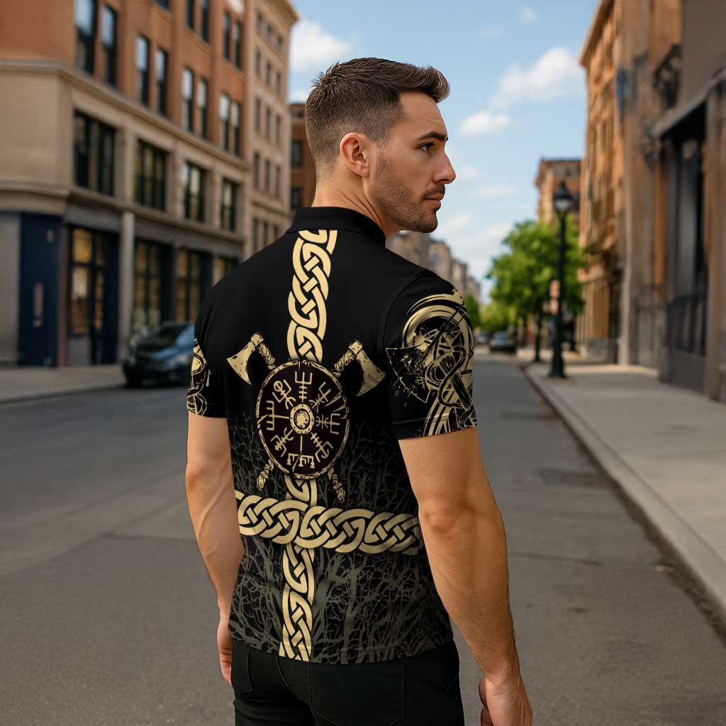 Vegvisir Compass Viking Zipper Polo Shirt with Yggdrasil Tree and Axe Symbols Norse Mythology Tribute - Wonder Print Shop