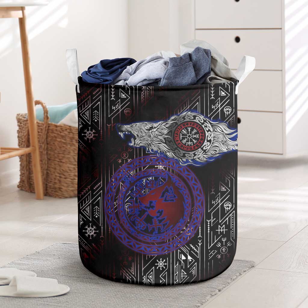 Fenrir Wolf Viking Laundry Basket with Vegvisir Runes and Red Circle Norse Legend Tribute - Wonder Print Shop