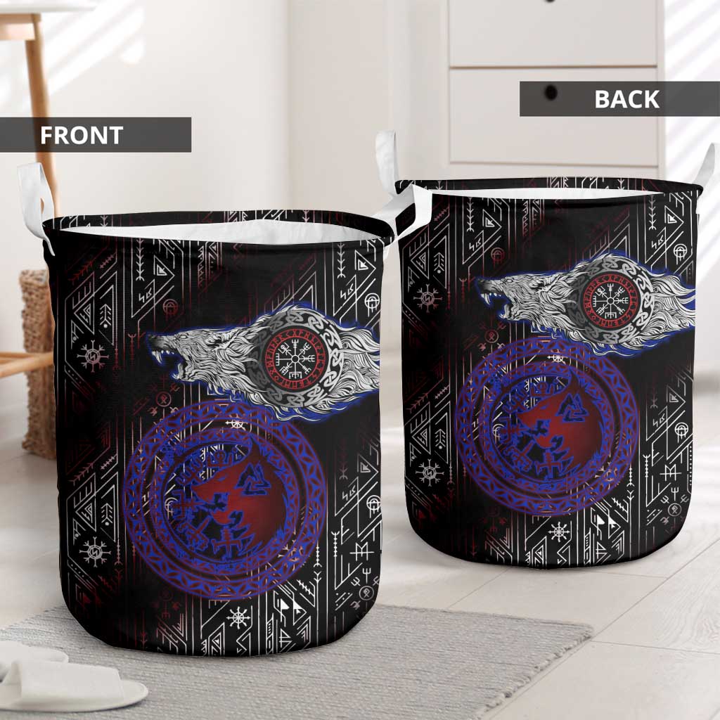 Fenrir Wolf Viking Laundry Basket with Vegvisir Runes and Red Circle Norse Legend Tribute - Wonder Print Shop