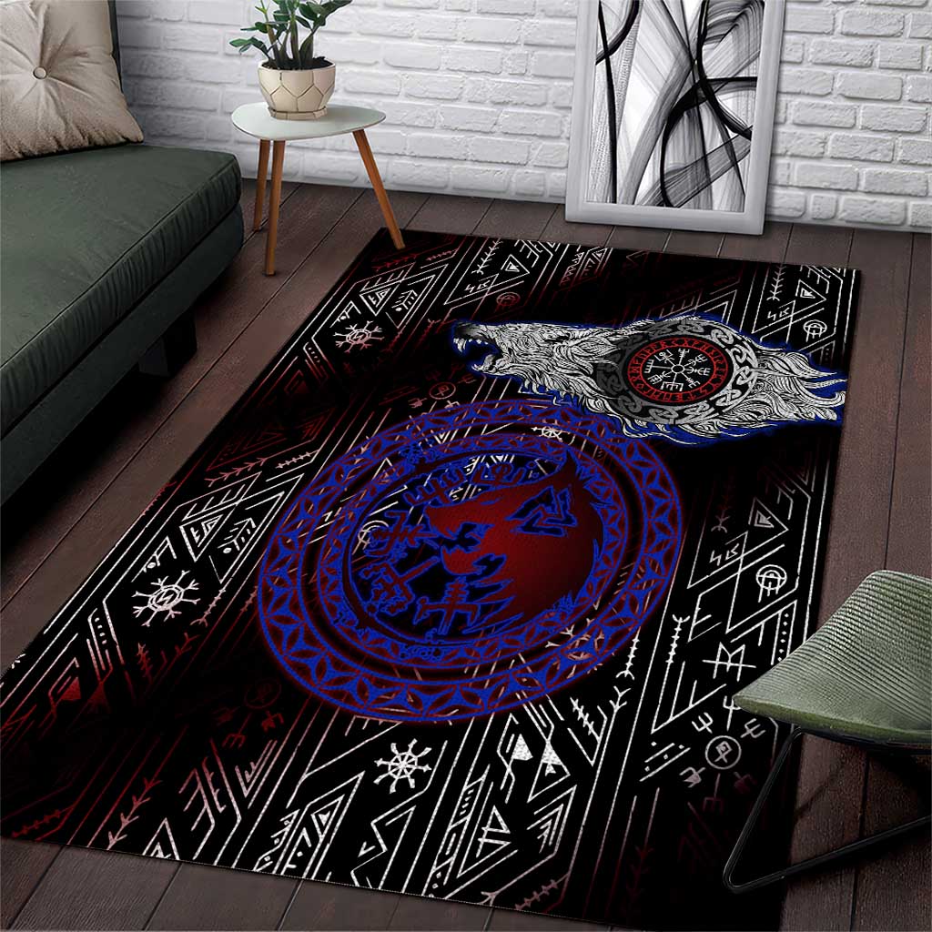 Fenrir Wolf Viking Area Rug with Vegvisir Runes and Red Circle Norse Legend Tribute - Wonder Print Shop