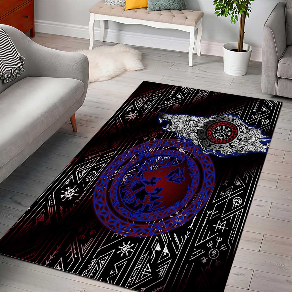 Fenrir Wolf Viking Area Rug with Vegvisir Runes and Red Circle Norse Legend Tribute - Wonder Print Shop