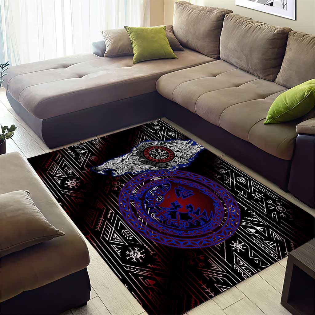 Fenrir Wolf Viking Area Rug with Vegvisir Runes and Red Circle Norse Legend Tribute - Wonder Print Shop