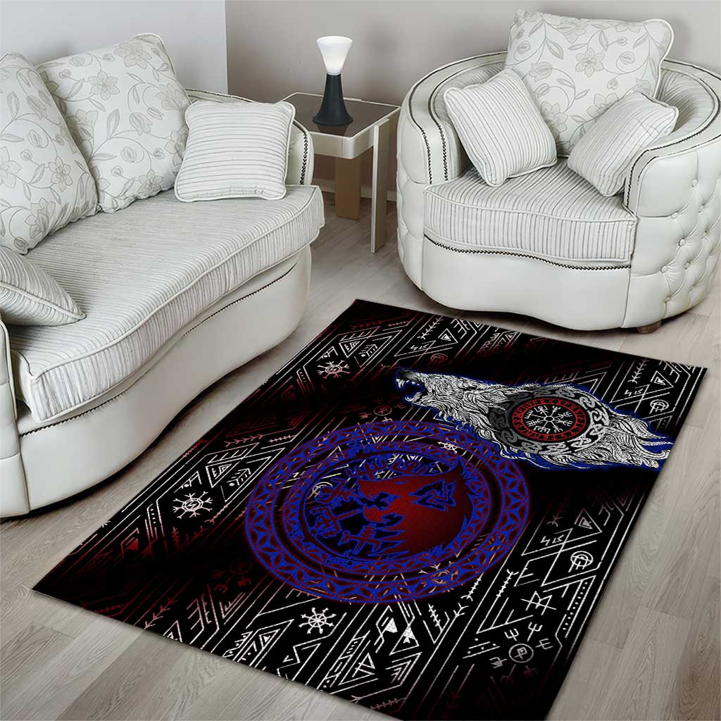 Fenrir Wolf Viking Area Rug with Vegvisir Runes and Red Circle Norse Legend Tribute - Wonder Print Shop