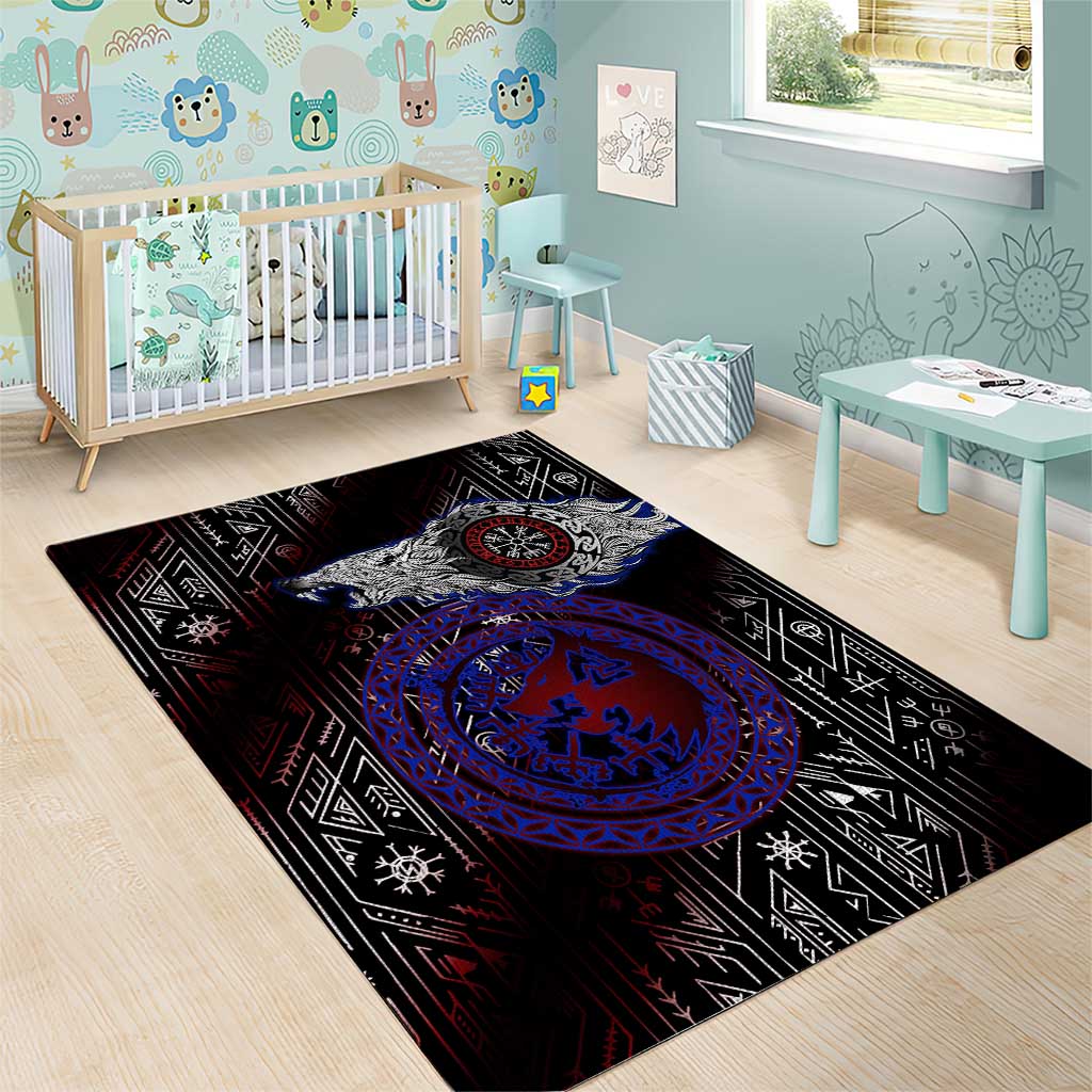 Fenrir Wolf Viking Area Rug with Vegvisir Runes and Red Circle Norse Legend Tribute - Wonder Print Shop