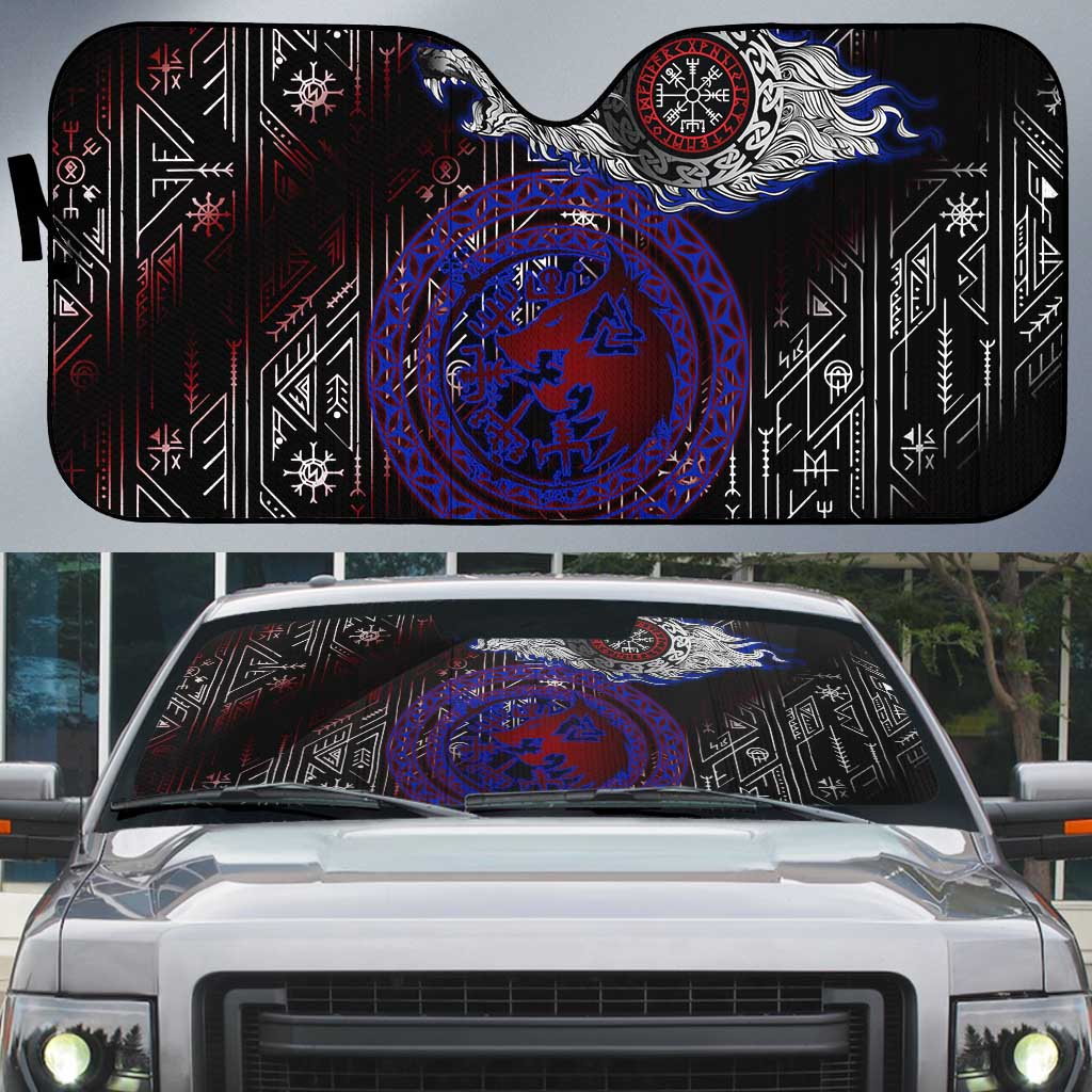Fenrir Wolf Viking Auto Sun Shade with Vegvisir Runes and Red Circle Norse Legend Tribute - Wonder Print Shop