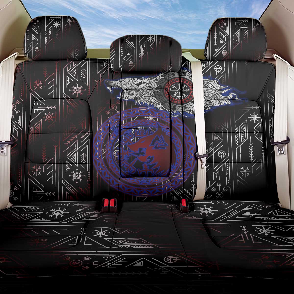 Fenrir Wolf Viking Back Car Seat Cover with Vegvisir Runes and Red Circle Norse Legend Tribute - Wonder Print Shop