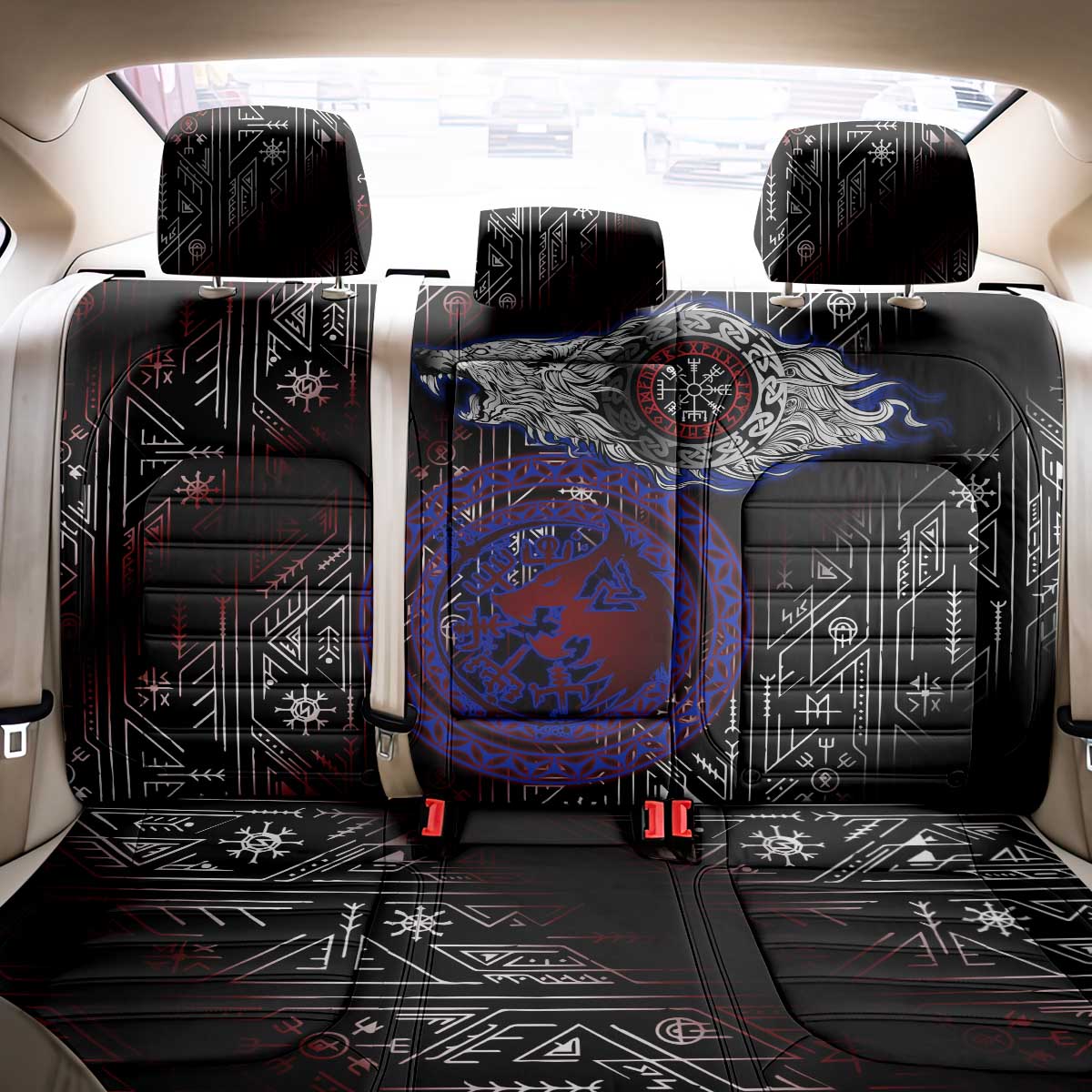 Fenrir Wolf Viking Back Car Seat Cover with Vegvisir Runes and Red Circle Norse Legend Tribute - Wonder Print Shop