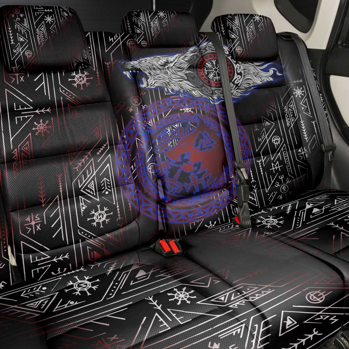 Fenrir Wolf Viking Back Car Seat Cover with Vegvisir Runes and Red Circle Norse Legend Tribute - Wonder Print Shop
