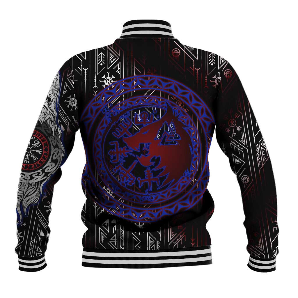 Fenrir Wolf Viking Baseball Jacket with Vegvisir Runes and Red Circle Norse Legend Tribute - Wonder Print Shop