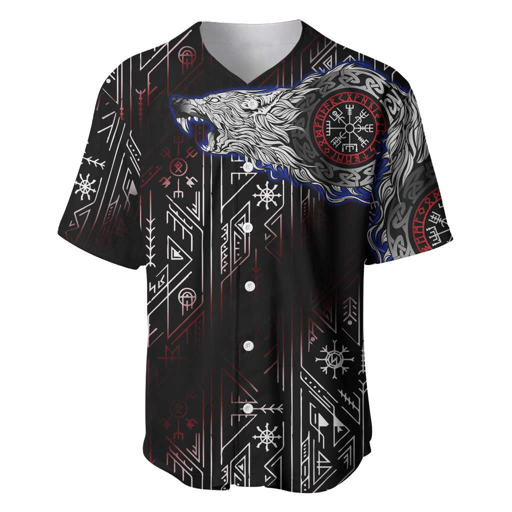 Fenrir Wolf Viking Baseball Jersey with Vegvisir Runes and Red Circle Norse Legend Tribute - Wonder Print Shop