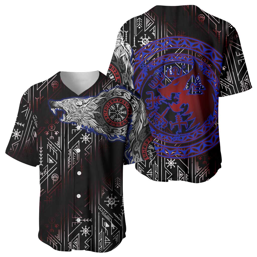 Fenrir Wolf Viking Baseball Jersey with Vegvisir Runes and Red Circle Norse Legend Tribute - Wonder Print Shop