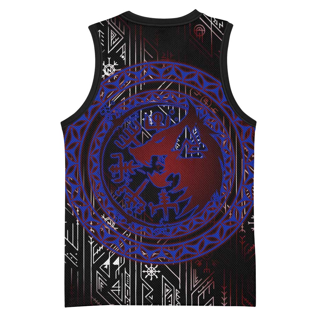 Fenrir Wolf Viking Basketball Jersey with Vegvisir Runes and Red Circle Norse Legend Tribute - Wonder Print Shop