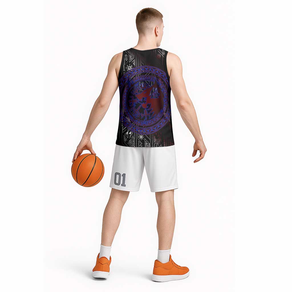 Fenrir Wolf Viking Basketball Jersey with Vegvisir Runes and Red Circle Norse Legend Tribute - Wonder Print Shop