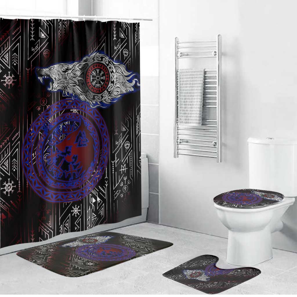 Fenrir Wolf Viking Bathroom Set with Vegvisir Runes and Red Circle Norse Legend Tribute - Wonder Print Shop
