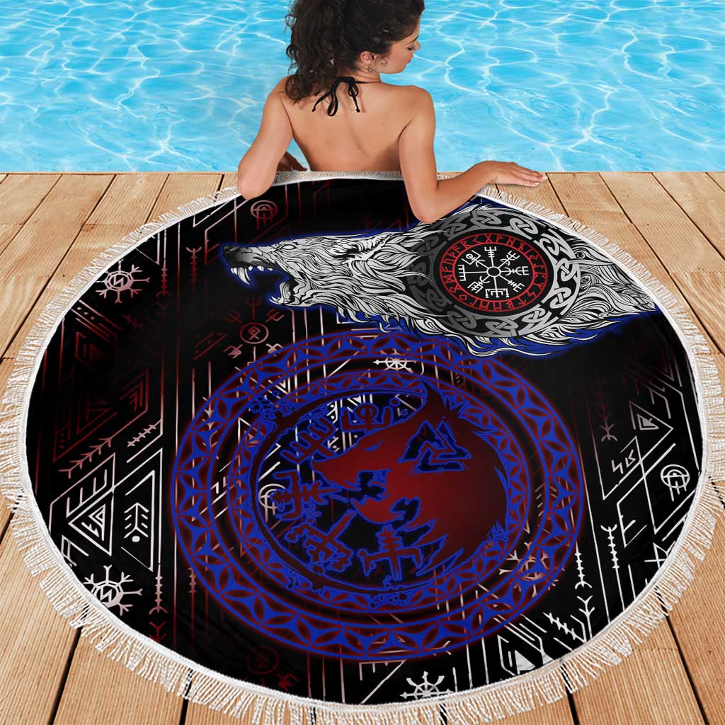 Fenrir Wolf Viking Beach Blanket with Vegvisir Runes and Red Circle Norse Legend Tribute - Wonder Print Shop