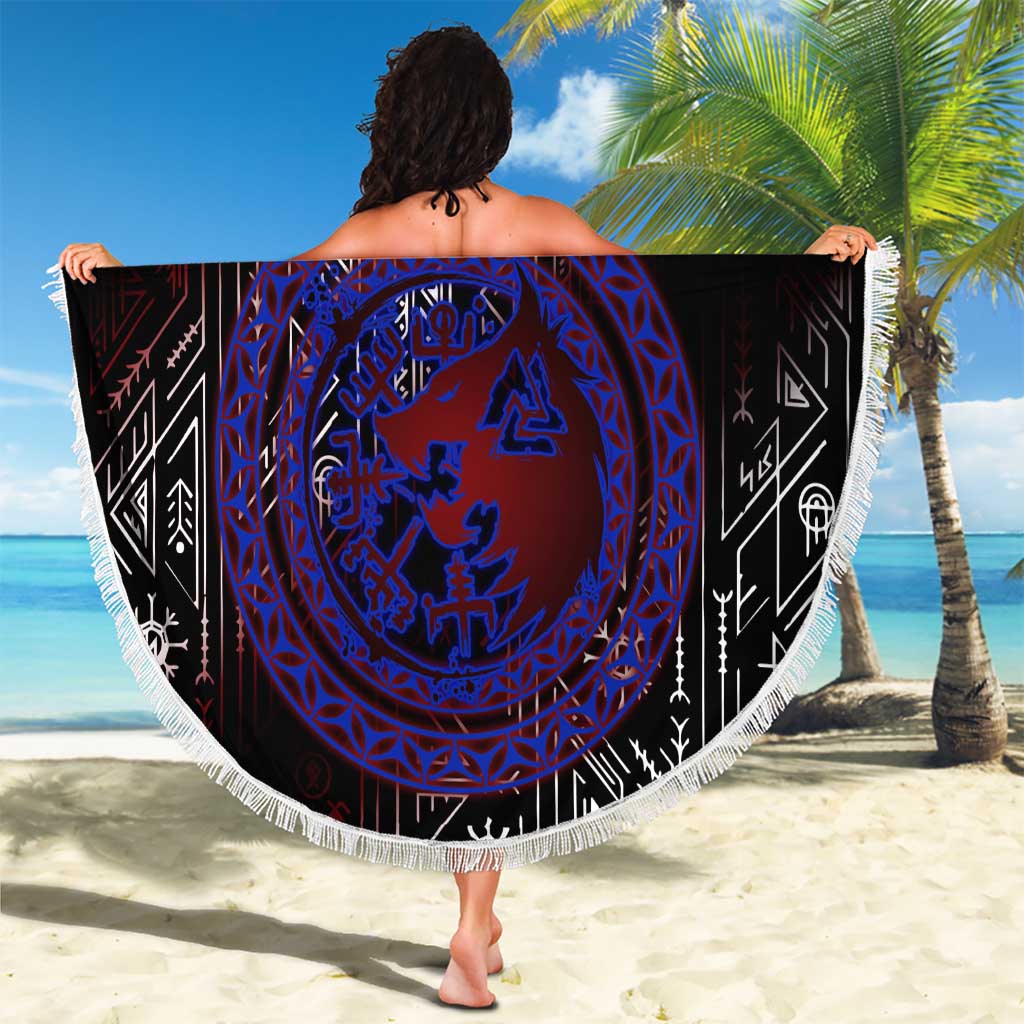 Fenrir Wolf Viking Beach Blanket with Vegvisir Runes and Red Circle Norse Legend Tribute - Wonder Print Shop