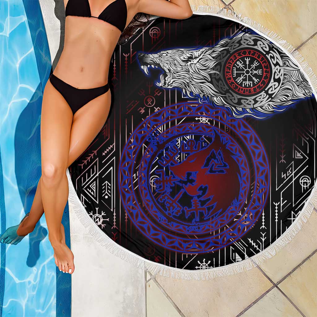 Fenrir Wolf Viking Beach Blanket with Vegvisir Runes and Red Circle Norse Legend Tribute - Wonder Print Shop