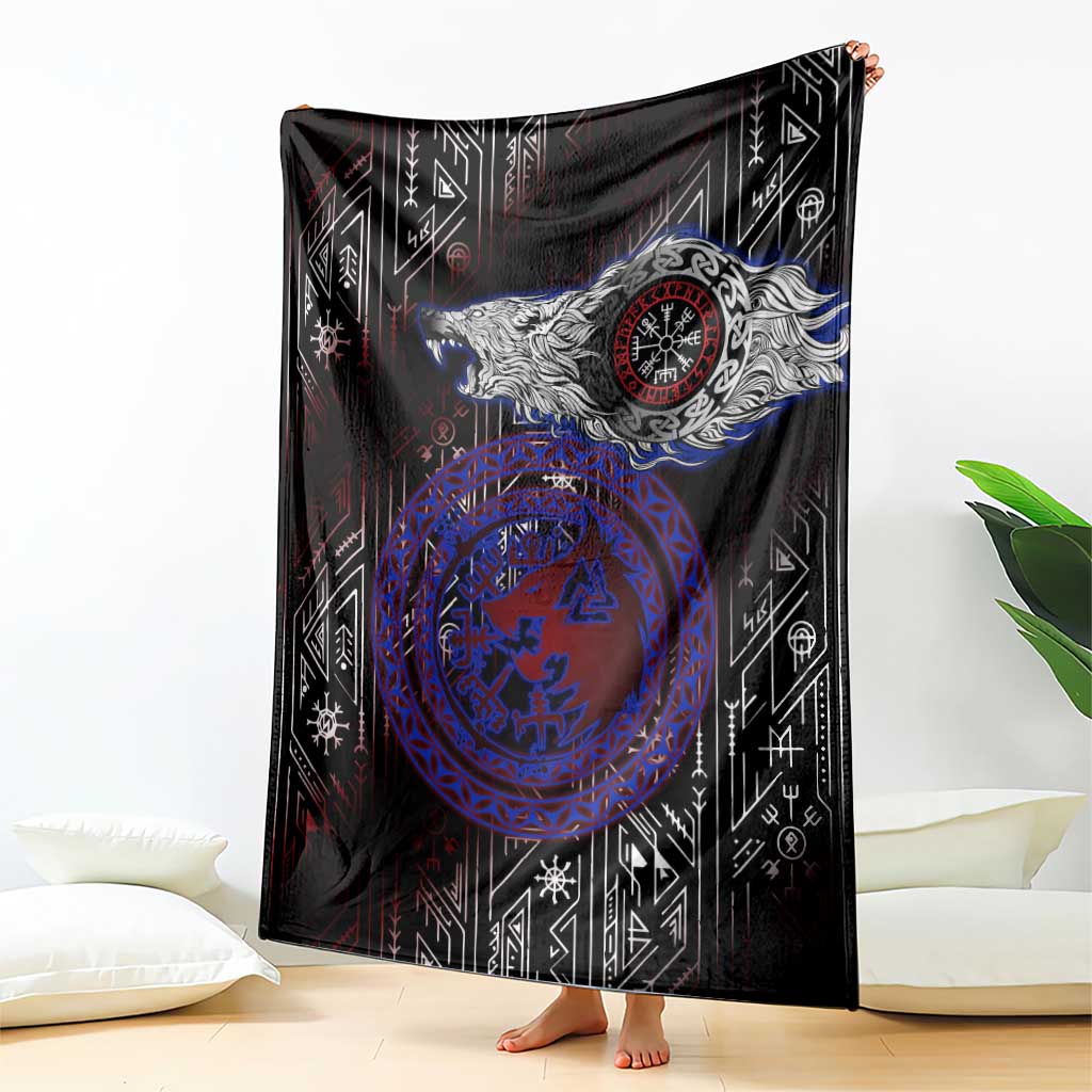 Fenrir Wolf Viking Blanket with Vegvisir Runes and Red Circle Norse Legend Tribute - Wonder Print Shop