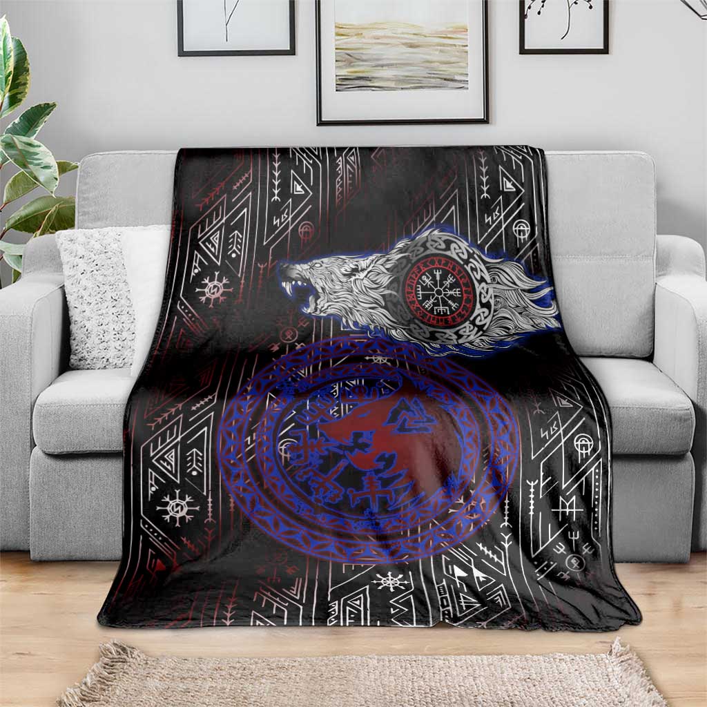 Fenrir Wolf Viking Blanket with Vegvisir Runes and Red Circle Norse Legend Tribute - Wonder Print Shop