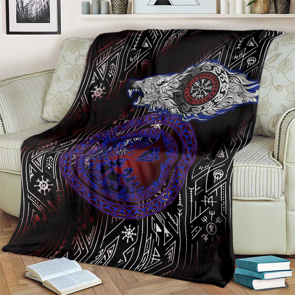 Fenrir Wolf Viking Blanket with Vegvisir Runes and Red Circle Norse Legend Tribute - Wonder Print Shop