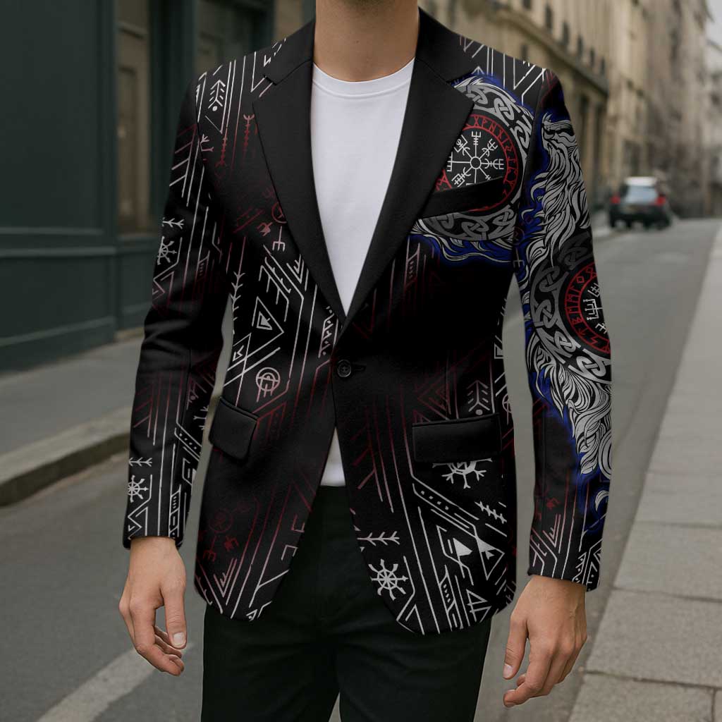 Fenrir Wolf Viking Blazer with Vegvisir Runes and Red Circle Norse Legend Tribute - Wonder Print Shop