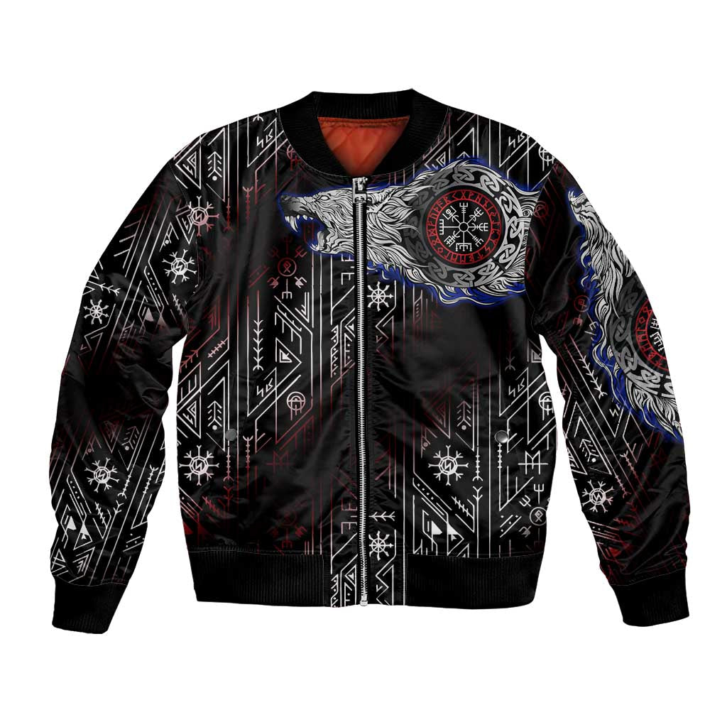 Fenrir Wolf Viking Bomber Jacket with Vegvisir Runes and Red Circle Norse Legend Tribute - Wonder Print Shop