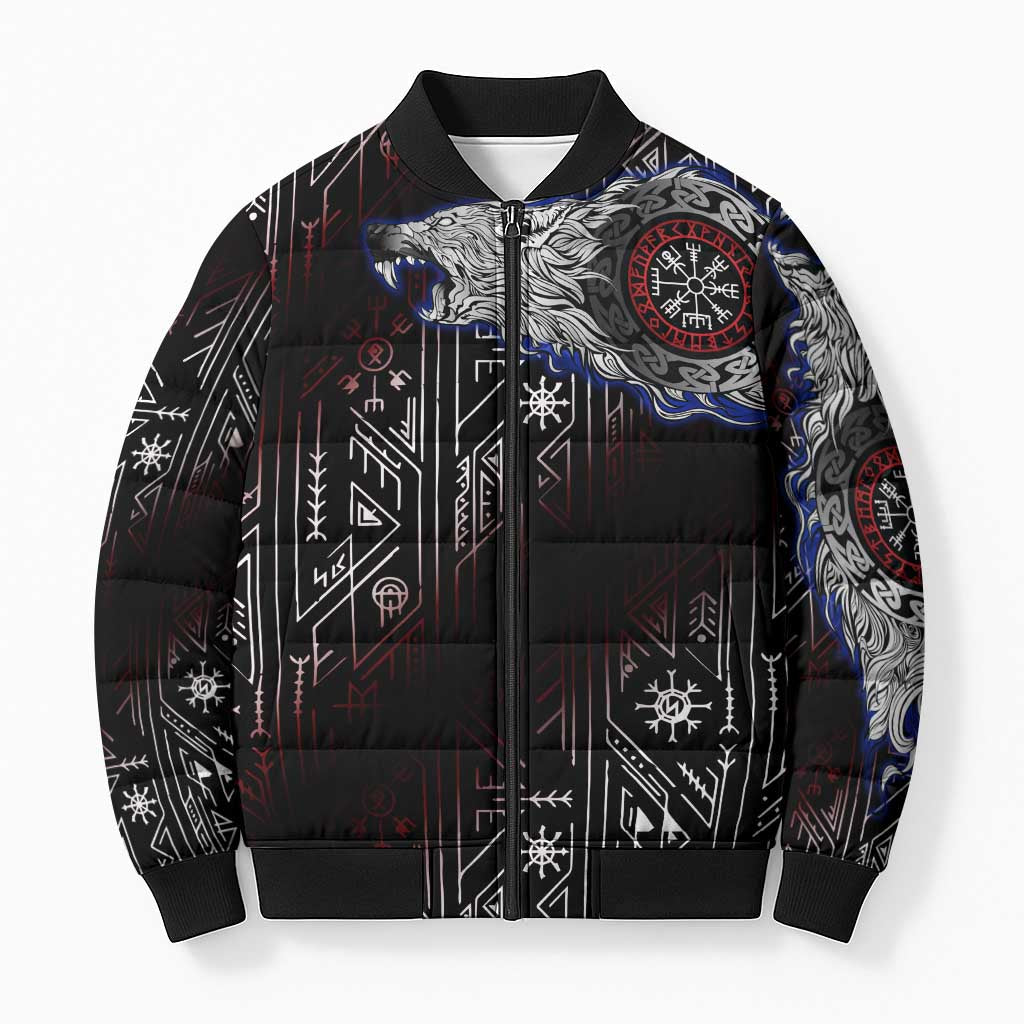 Fenrir Wolf Viking Bomber Puffer Jacket with Vegvisir Runes and Red Circle Norse Legend Tribute - Wonder Print Shop