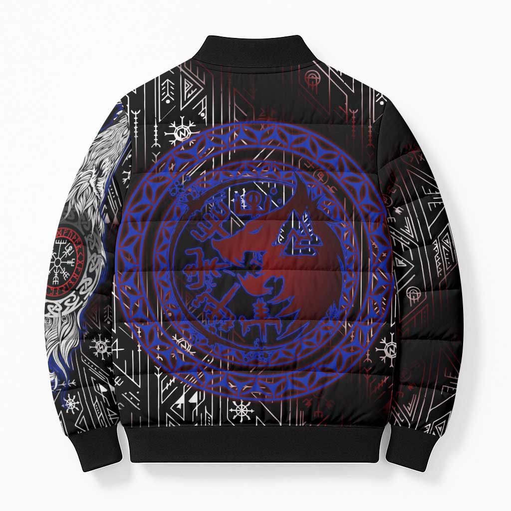 Fenrir Wolf Viking Bomber Puffer Jacket with Vegvisir Runes and Red Circle Norse Legend Tribute - Wonder Print Shop